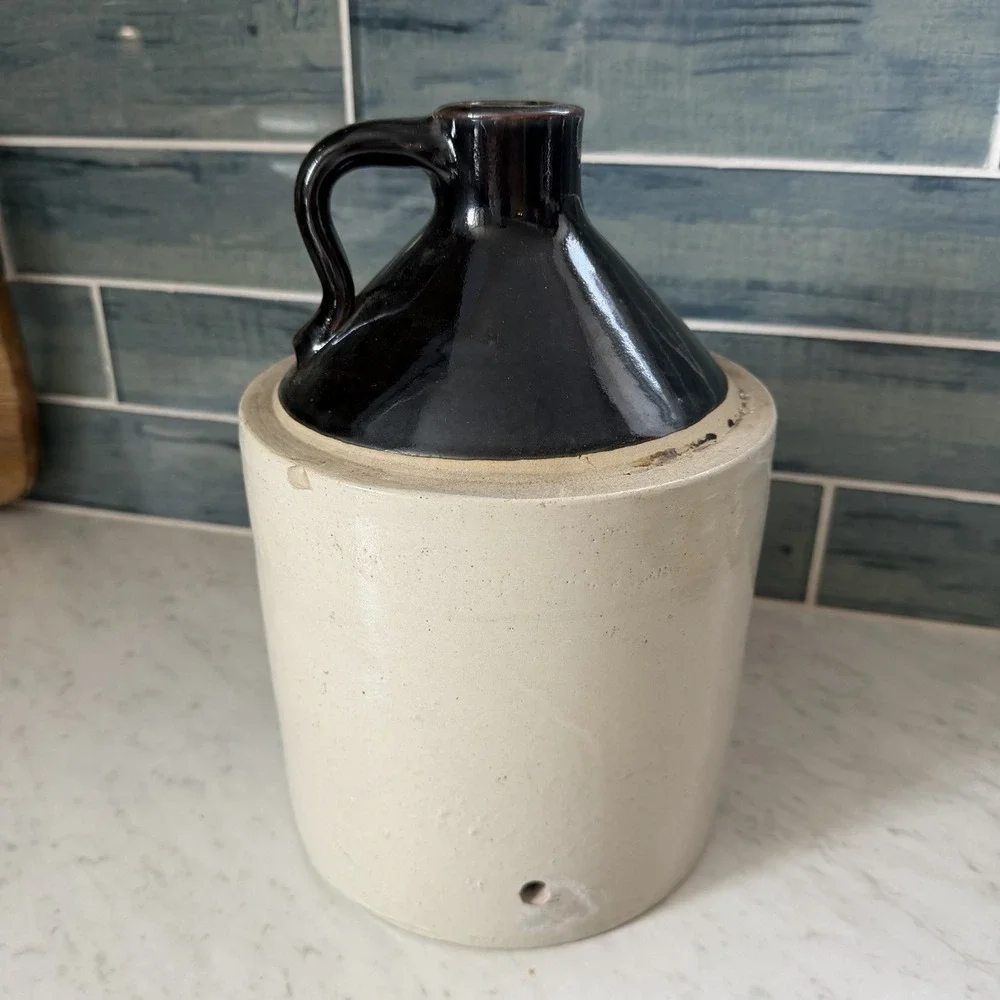 VTG‎ Stoneware Gallon Whiskey Jug Brown/Tan *Hole* Cottagecore Rustic Bar Decor